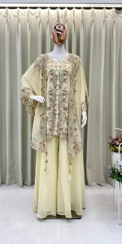 Off White Faux Georgette Embroidery Work Salwar Suit | Jump Suits, Tops & Bottoms, Track Suits, Salwar suit, Casual Suits, Creative suits, Designer Suits, Palazzo Suits, Party Wear Suits, Patiala Suits, Straight Suits, Trendy Wear