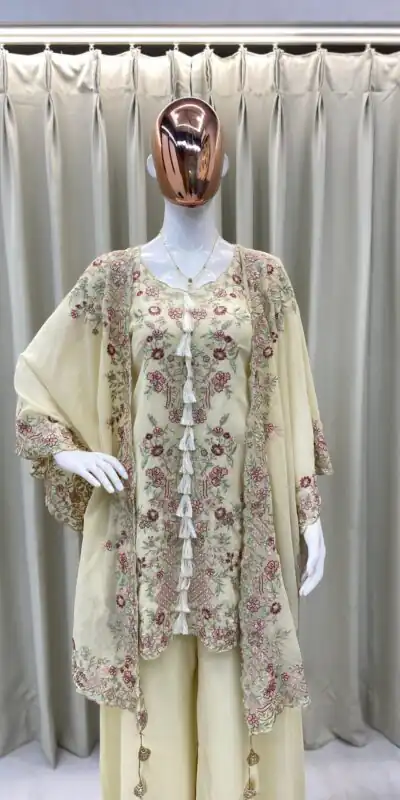 Off White Faux Georgette Embroidery Work Salwar Suit | Jump Suits, Tops & Bottoms, Track Suits, Salwar suit, Casual Suits, Creative suits, Designer Suits, Palazzo Suits, Party Wear Suits, Patiala Suits, Straight Suits, Trendy Wear
