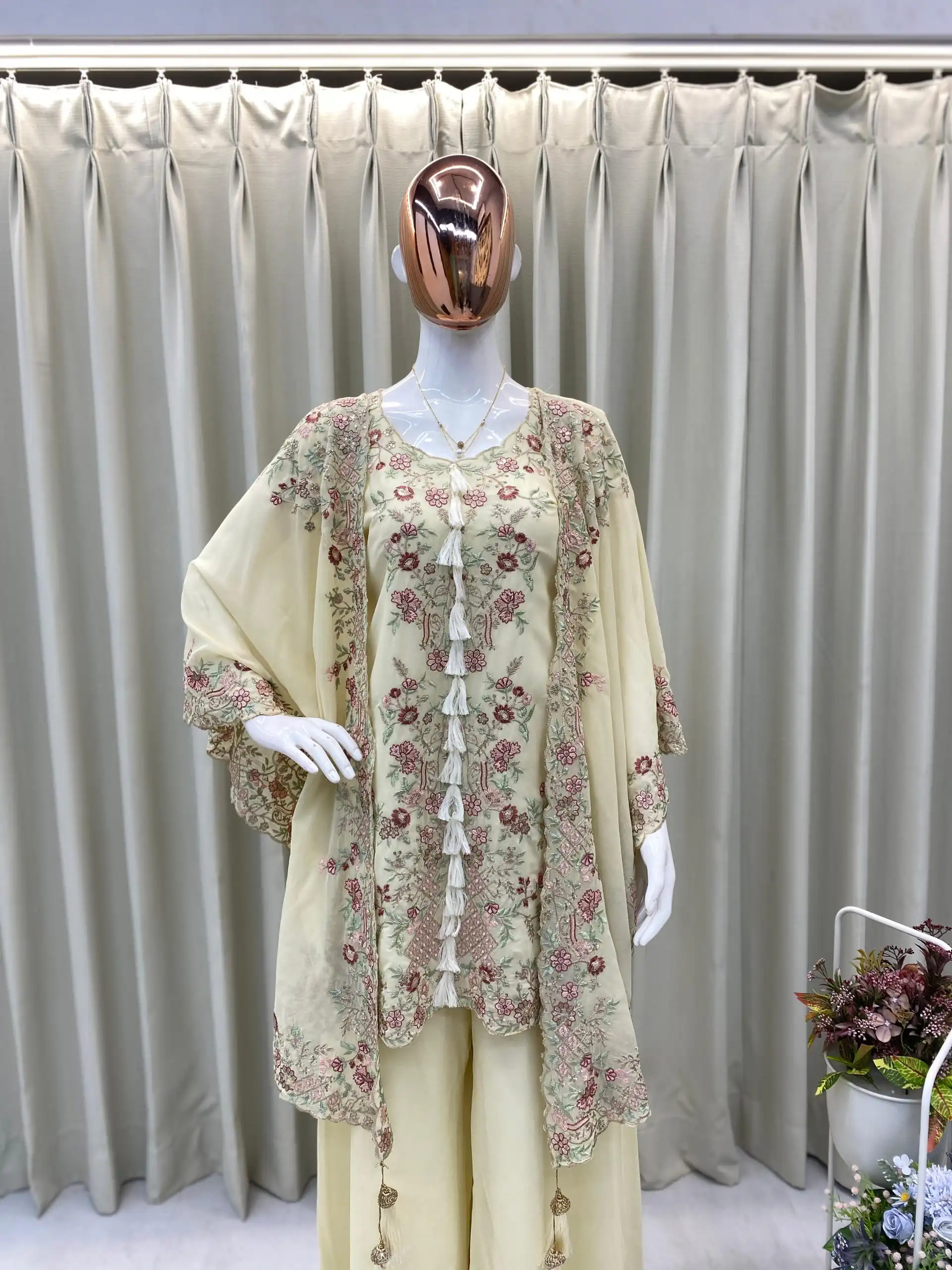 Off White Faux Georgette Embroidery Work Salwar Suit | Jump Suits, Tops & Bottoms, Track Suits, Salwar suit, Casual Suits, Creative suits, Designer Suits, Palazzo Suits, Party Wear Suits, Patiala Suits, Straight Suits, Trendy Wear