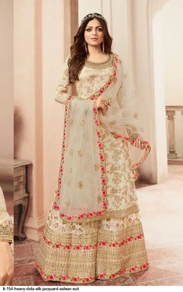 Off  White Georgette Jacquard Diamond Sharara Suit | Jump Suits, Salwar suit, Casual Suits, Creative suits, Designer Suits, Palazzo Suits, Party Wear Suits, Patiala Suits, Straight Suits
