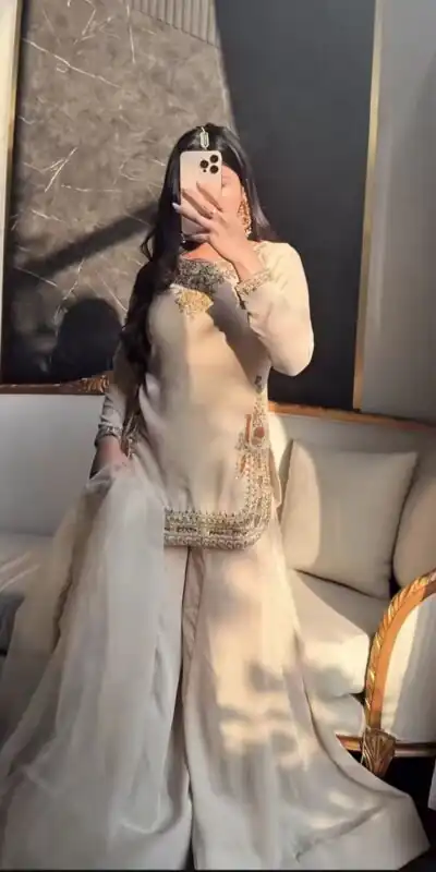 Off White Korean Satin Silk Embroidery Work Salwar Suit | Jump Suits, Salwar suit, Casual Suits, Creative suits, Designer Suits, Palazzo Suits, Party Wear Suits, Patiala Suits, Straight Suits