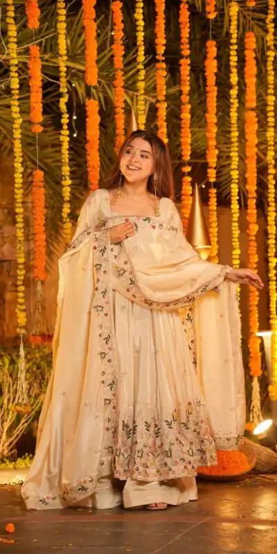 Off White Natural Crap Silk Embroidery Work Anarkali Suit | Anarkali Suits, Bollywood Anarkali, Creative-Anarkali, Designer Anarkali, Embroidered Anarkali, Party Wear Anarkali