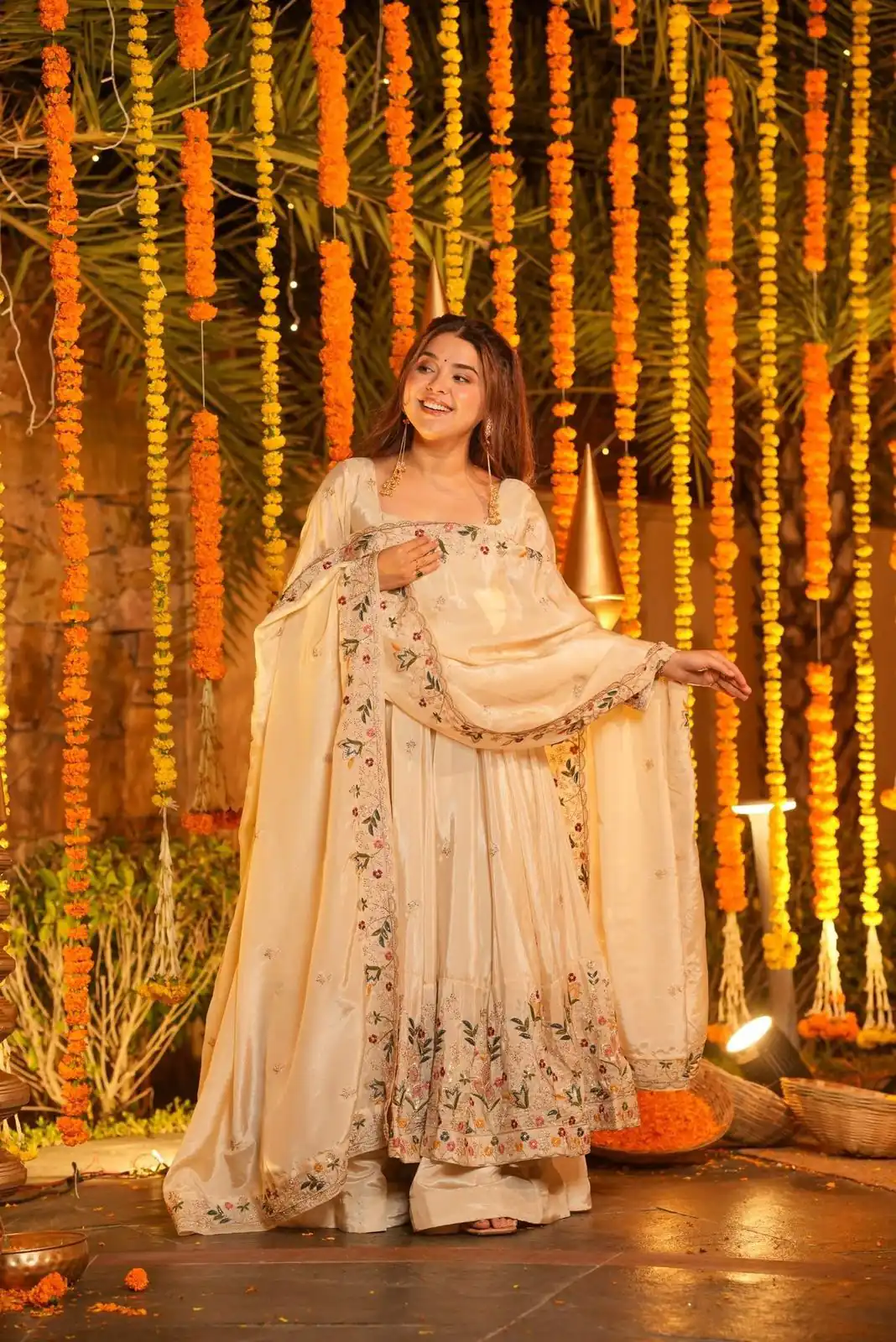 Off White Natural Crap Silk Embroidery Work Anarkali Suit | Anarkali Suits, Bollywood Anarkali, Creative-Anarkali, Designer Anarkali, Embroidered Anarkali, Party Wear Anarkali