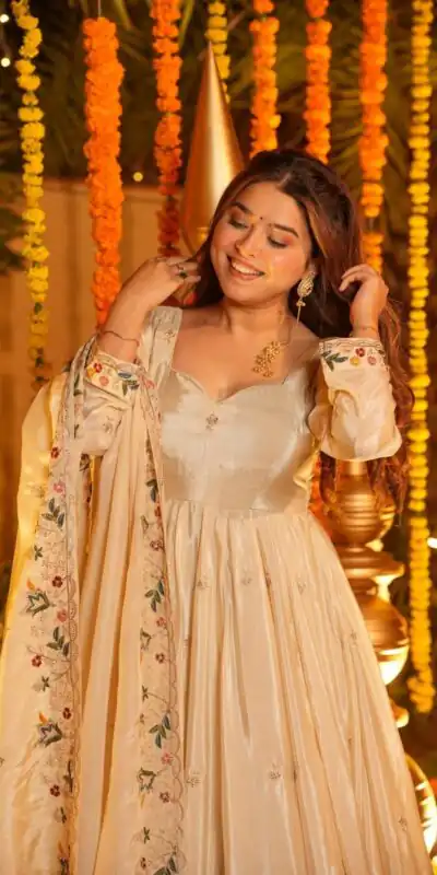 Off White Natural Crap Silk Embroidery Work Anarkali Suit | Anarkali Suits, Bollywood Anarkali, Creative-Anarkali, Designer Anarkali, Embroidered Anarkali, Party Wear Anarkali