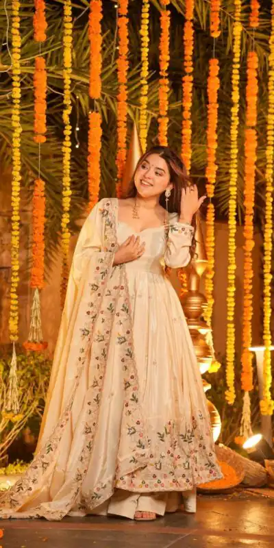 Off White Natural Crap Silk Embroidery Work Anarkali Suit | Anarkali Suits, Bollywood Anarkali, Creative-Anarkali, Designer Anarkali, Embroidered Anarkali, Party Wear Anarkali