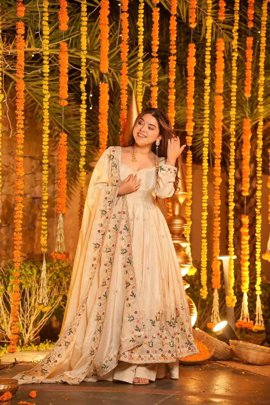 Off White Natural Crap Silk Embroidery Work Anarkali Suit | Anarkali Suits, Bollywood Anarkali, Creative-Anarkali, Designer Anarkali, Embroidered Anarkali, Party Wear Anarkali