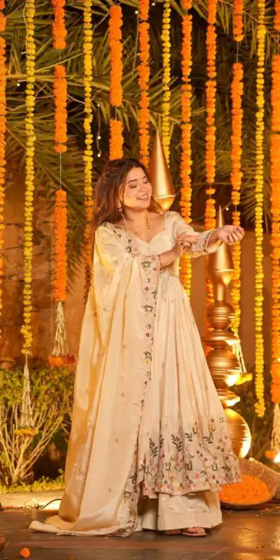 Off White Natural Crap Silk Embroidery Work Anarkali Suit | Anarkali Suits, Bollywood Anarkali, Creative-Anarkali, Designer Anarkali, Embroidered Anarkali, Party Wear Anarkali