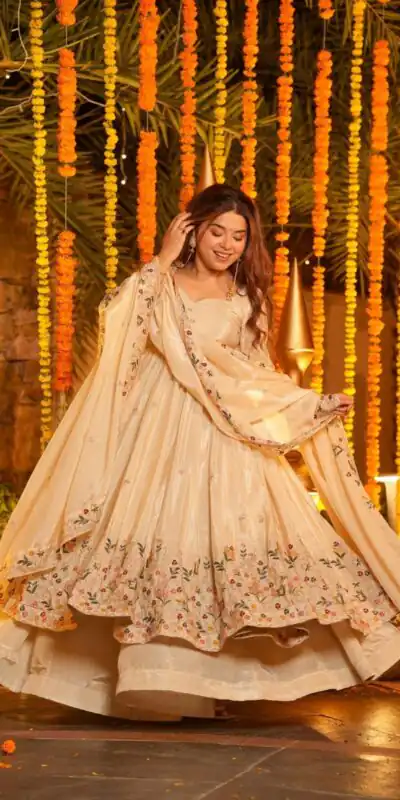 Off White Natural Crap Silk Embroidery Work Anarkali Suit | Anarkali Suits, Bollywood Anarkali, Creative-Anarkali, Designer Anarkali, Embroidered Anarkali, Party Wear Anarkali