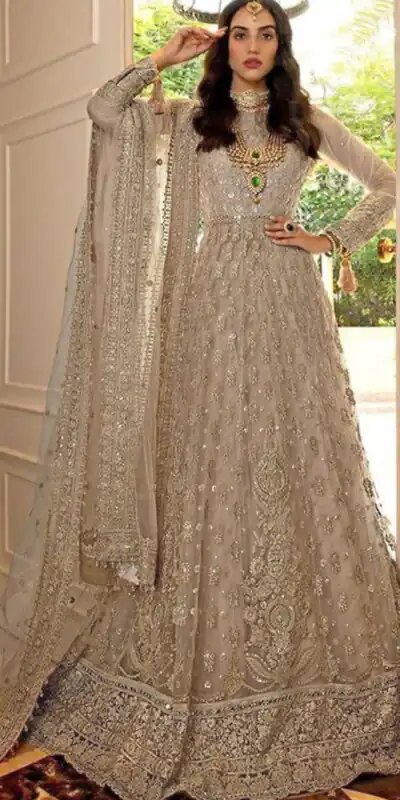 Off White Net Embroidery Mirror Work Anarkali Suit | Anarkali Suits, Bollywood Anarkali, Creative-Anarkali, Designer Anarkali, Embroidered Anarkali, Party Wear Anarkali
