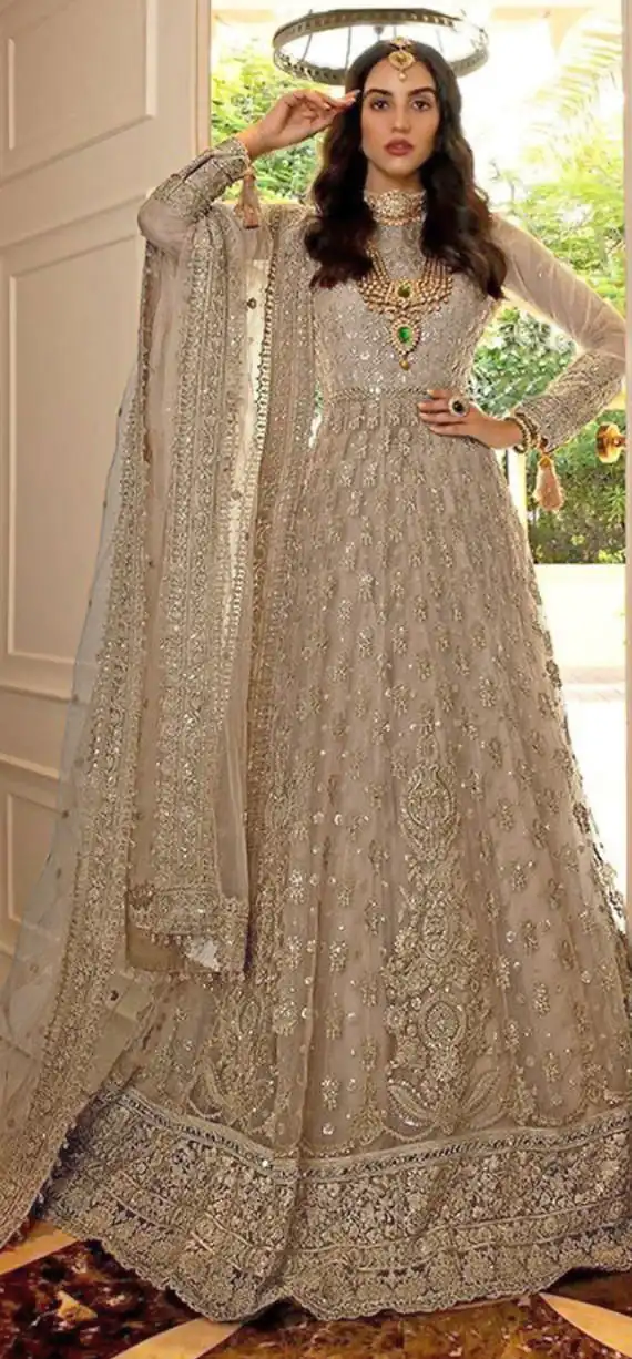 Off White Net Embroidery Mirror Work Anarkali Suit | Anarkali Suits, Bollywood Anarkali, Creative-Anarkali, Designer Anarkali, Embroidered Anarkali, Party Wear Anarkali