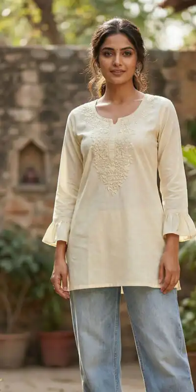 Off White Rayon Chikan Work Kurti | Kurti, Bollywood Kurti, Creative Kurtis, Designer Kurti, Party Wear Kurti, Selfie Kurti