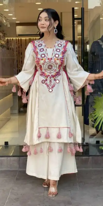 Off White Rayon Cotton Embroidery Mirror Work Salwar Suit | Jump Suits, Salwar suit, Casual Suits, Creative suits, Designer Suits, Palazzo Suits, Party Wear Suits, Patiala Suits, Straight Suits