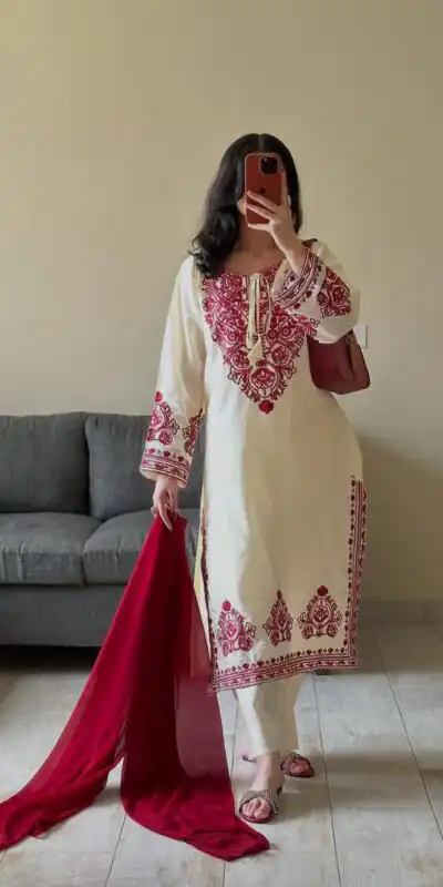 Off White Roman Embroidery Salwar Suit | Jump Suits, Salwar suit, Casual Suits, Creative suits, Designer Suits, Palazzo Suits, Party Wear Suits, Patiala Suits, Straight Suits