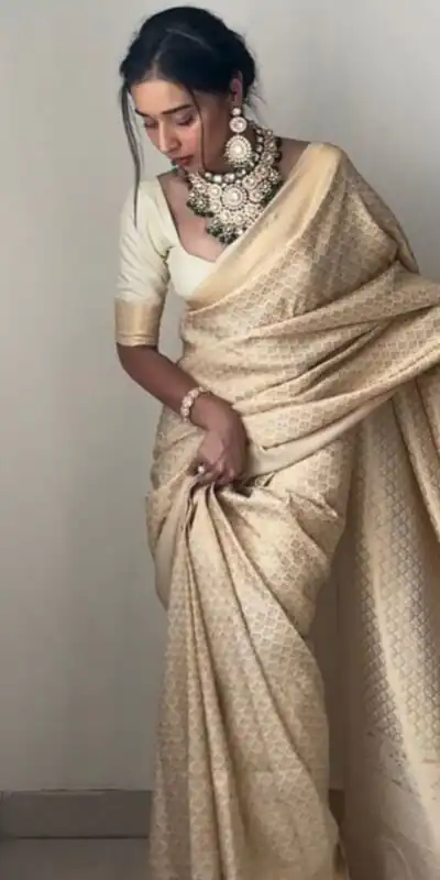 Off White Soft Lichi Silk Golden Waving Saree | Sarees, Bollywood Sarees, Creative Sarees, Designer Sarees, Embroidered Sarees, Ethnic Saree, Modern Digital sarees, Party Wear Sarees