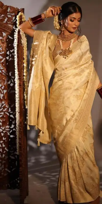 Off White Soft Lichi Silk Jacquard Saree | Sarees, Bollywood Sarees, Creative Sarees, Designer Sarees, Embroidered Sarees, Ethnic Saree, Modern Digital sarees, Party Wear Sarees
