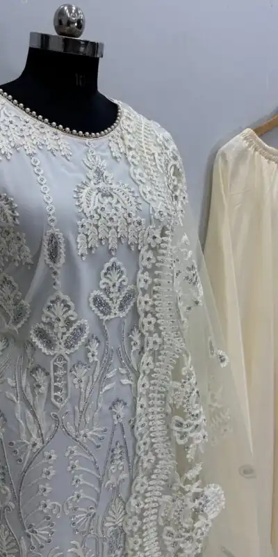Off White Soft Net With Lace Work Salwar Suit | Salwar suit, Casual Suits, Creative suits, Designer Suits, Palazzo Suits, Party Wear Suits, Patiala Suits, Straight Suits