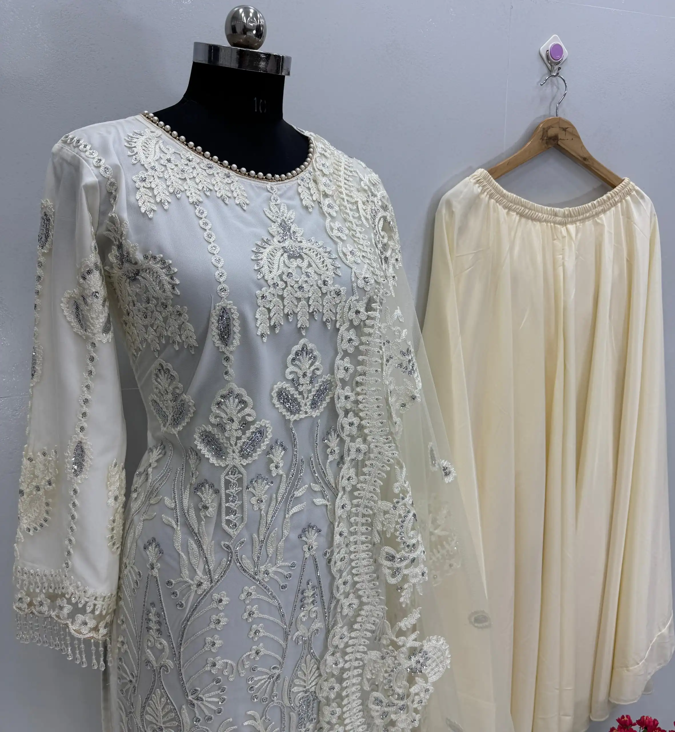 Off White Soft Net With Lace Work Salwar Suit | Salwar suit, Casual Suits, Creative suits, Designer Suits, Palazzo Suits, Party Wear Suits, Patiala Suits, Straight Suits