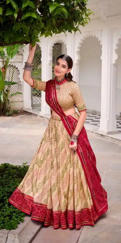 Off White Tasar Silk Bandhej Print Lehenga Choli | Lehenga, Bollywood Lehenga, Creative Lehenga, Designer Lehenga, Embroidered Lehenga, Party Wear Lehenga