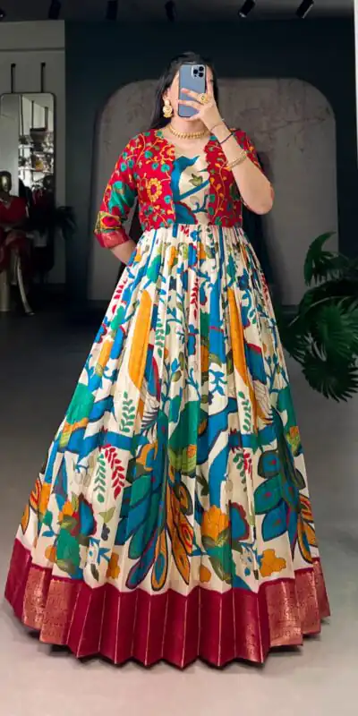 Off White Taser Silk Zari Work Kalamkari Print Gown | Gowns, Bollywood Gowns, Creative Gowns, Designer Gowns, Embroidered Gowns, Party Wear Gowns
