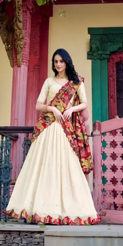 Off White Vichitra Kalamkari Lehenga Choli | Lehenga, Bollywood Lehenga, Creative Lehenga, Designer Lehenga, Embroidered Lehenga, Party Wear Lehenga