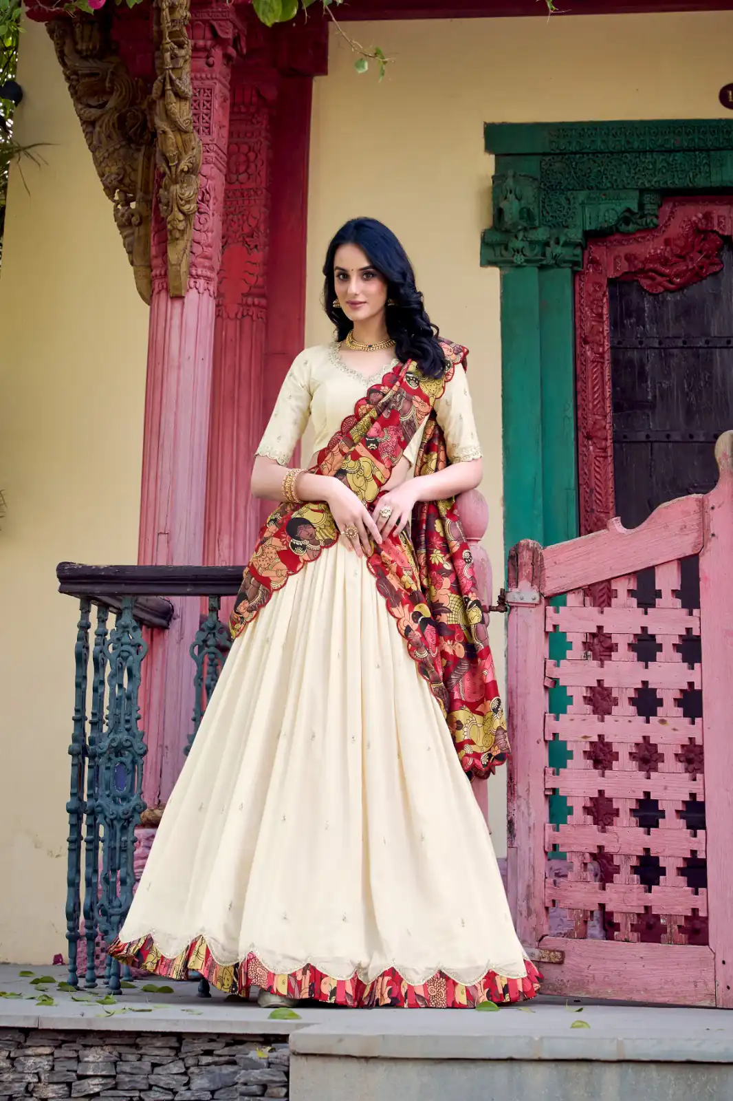 Off White Vichitra Kalamkari Lehenga Choli | Lehenga, Bollywood Lehenga, Creative Lehenga, Designer Lehenga, Embroidered Lehenga, Party Wear Lehenga