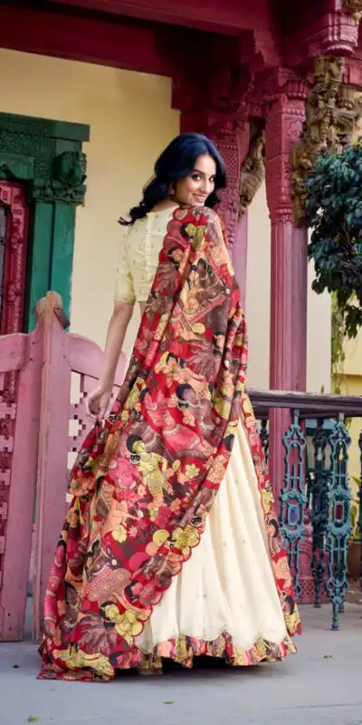 Off White Vichitra Kalamkari Lehenga Choli | Lehenga, Bollywood Lehenga, Creative Lehenga, Designer Lehenga, Embroidered Lehenga, Party Wear Lehenga