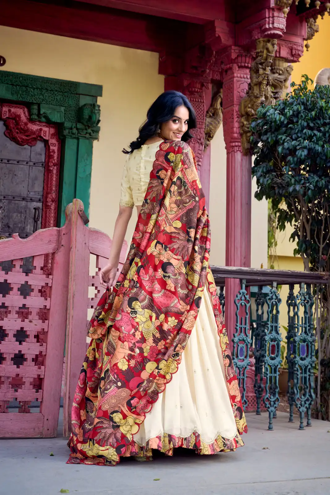 Off White Vichitra Kalamkari Lehenga Choli | Lehenga, Bollywood Lehenga, Creative Lehenga, Designer Lehenga, Embroidered Lehenga, Party Wear Lehenga