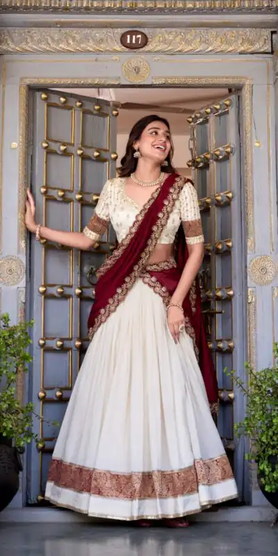 Off White Vichitra Silk Embroidery Zari Work Lehenga Choli | Lehenga, Bollywood Lehenga, Creative Lehenga, Designer Lehenga, Embroidered Lehenga, Party Wear Lehenga