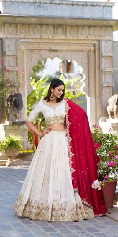 Off White Vichitra Silk Sequins Work Lehenga Choli | Lehenga, Bollywood Lehenga, Creative Lehenga, Designer Lehenga, Embroidered Lehenga, Party Wear Lehenga