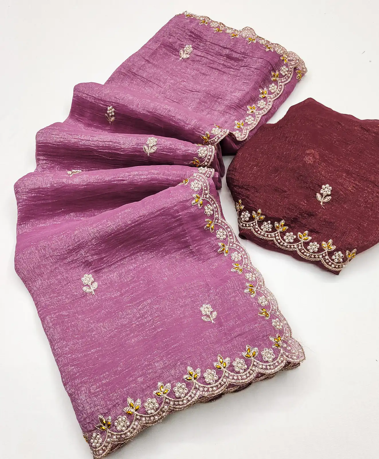 Onion Crunchy Chiffon Embroidery Work Saree | Sarees, Bollywood Sarees, Creative Sarees, Designer Sarees, Embroidered Sarees, Ethnic Saree, Modern Digital sarees, Party Wear Sarees