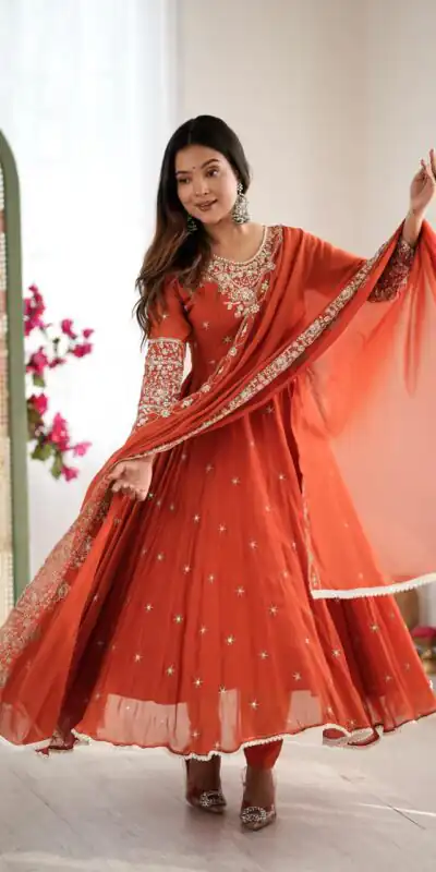 Orange Blooming Faux Embroidery Work Gown | Lehenga, Bollywood Lehenga, Creative Lehenga, Designer Lehenga, Embroidered Lehenga, Party Wear Lehenga