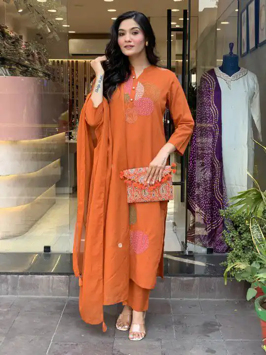 Orange Chanderi Embroidery Mirror Work Salar Suit | Jump Suits, Salwar suit, Casual Suits, Creative suits, Designer Suits, Palazzo Suits, Party Wear Suits, Patiala Suits, Straight Suits