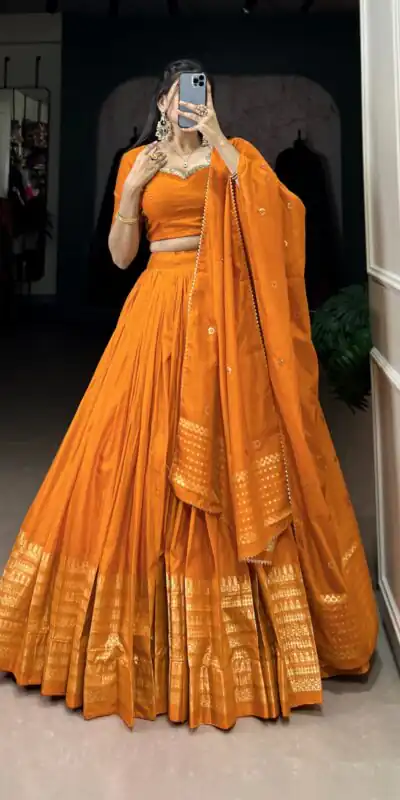 Orange Chanderi Plain With Zari Weaving Work Border Lehenga Choli | Lehenga, Bollywood Lehenga, Creative Lehenga, Designer Lehenga, Embroidered Lehenga, Party Wear Lehenga