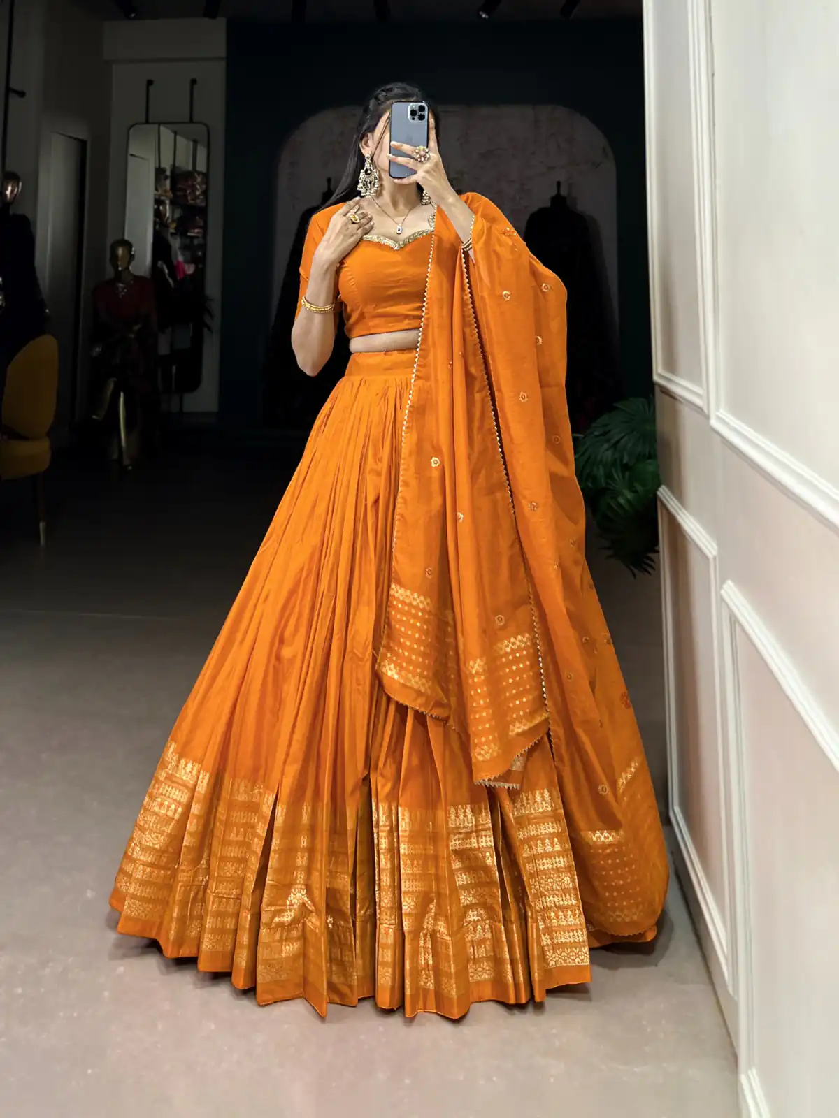 Orange Chanderi Plain With Zari Weaving Work Border Lehenga Choli | Lehenga, Bollywood Lehenga, Creative Lehenga, Designer Lehenga, Embroidered Lehenga, Party Wear Lehenga