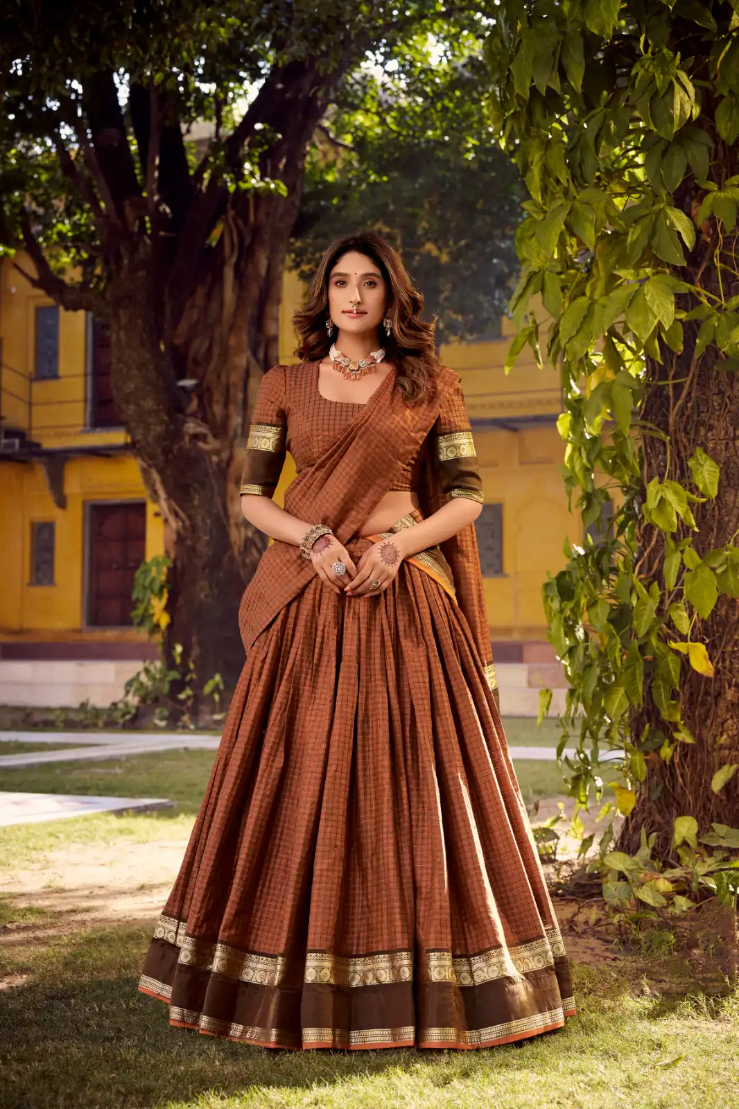 Orange Chettinad Cotton Chex Zari Work Lehenga Choli | Lehenga, Bollywood Lehenga, Creative Lehenga, Designer Lehenga, Embroidered Lehenga, Party Wear Lehenga