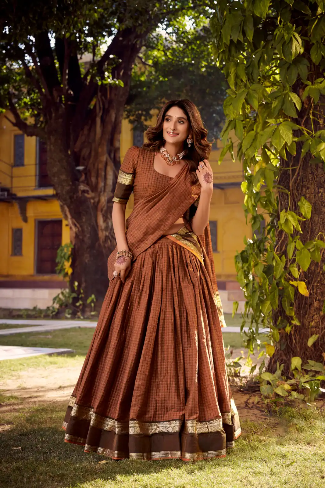 Orange Chettinad Cotton Chex Zari Work Lehenga Choli | Lehenga, Bollywood Lehenga, Creative Lehenga, Designer Lehenga, Embroidered Lehenga, Party Wear Lehenga