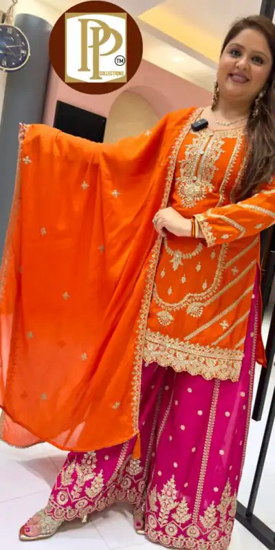 Orange Chinon Silk Embroider Lace Work Salwar Suit | Jump Suits, Salwar suit, Casual Suits, Creative suits, Designer Suits, Palazzo Suits, Party Wear Suits, Patiala Suits, Straight Suits