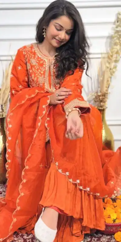 Orange Chinon Silk Embroidery Work Salwar Suit | Jump Suits, Salwar suit, Casual Suits, Creative suits, Designer Suits, Palazzo Suits, Party Wear Suits, Patiala Suits, Straight Suits
