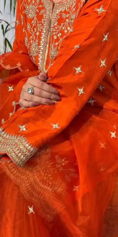 Orange Chinon Silk Lace Embroidery Work Salwar Suit | Jump Suits, Salwar suit, Casual Suits, Creative suits, Designer Suits, Palazzo Suits, Party Wear Suits, Patiala Suits, Straight Suits