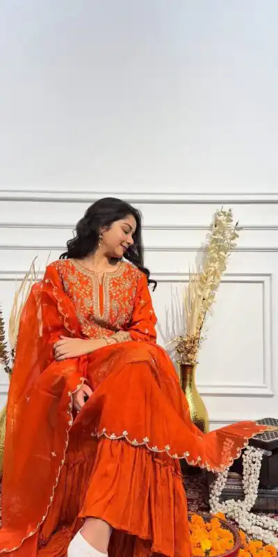 Orange Chinon Silk Lace Embroidery Work Salwar Suit | Jump Suits, Salwar suit, Casual Suits, Creative suits, Designer Suits, Palazzo Suits, Party Wear Suits, Patiala Suits, Straight Suits