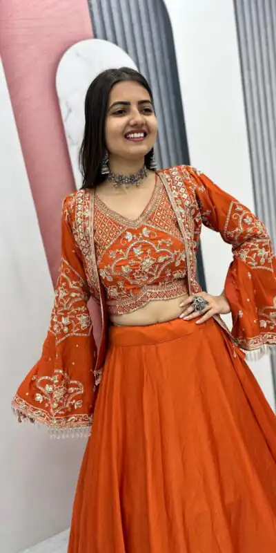 Orange Chinon Silk Thread Work Lehenga Choli | Lehenga, Bollywood Lehenga, Creative Lehenga, Designer Lehenga, Embroidered Lehenga, Party Wear Lehenga