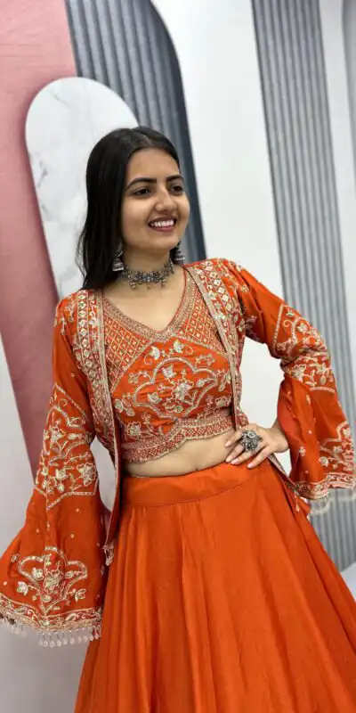 Orange Chinon Silk Thread Work Lehenga Choli | Lehenga, Bollywood Lehenga, Creative Lehenga, Designer Lehenga, Embroidered Lehenga, Party Wear Lehenga