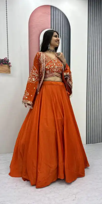 Orange Chinon Silk Thread Work Lehenga Choli | Lehenga, Bollywood Lehenga, Creative Lehenga, Designer Lehenga, Embroidered Lehenga, Party Wear Lehenga