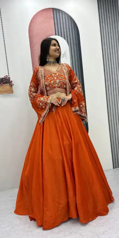 Orange Chinon Silk Thread Work Lehenga Choli | Lehenga, Bollywood Lehenga, Creative Lehenga, Designer Lehenga, Embroidered Lehenga, Party Wear Lehenga