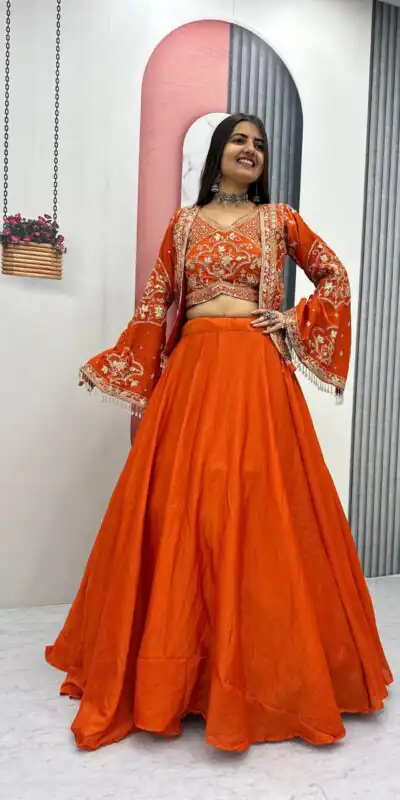 Orange Chinon Silk Thread Work Lehenga Choli | Lehenga, Bollywood Lehenga, Creative Lehenga, Designer Lehenga, Embroidered Lehenga, Party Wear Lehenga