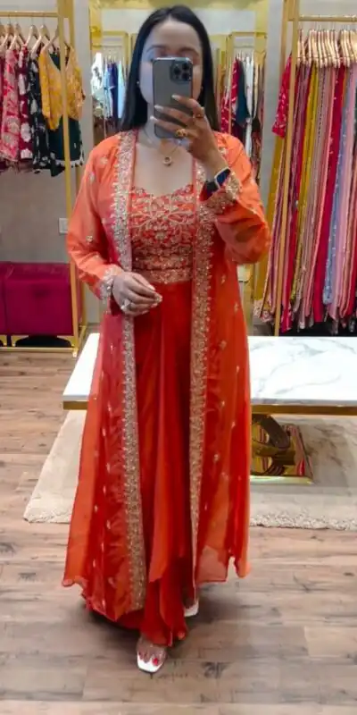 Orange Chinon Silk With Embroidery Work Dhoti Suit | Jump Suits, Salwar suit, Casual Suits, Creative suits, Designer Suits, Palazzo Suits, Party Wear Suits, Patiala Suits, Straight Suits