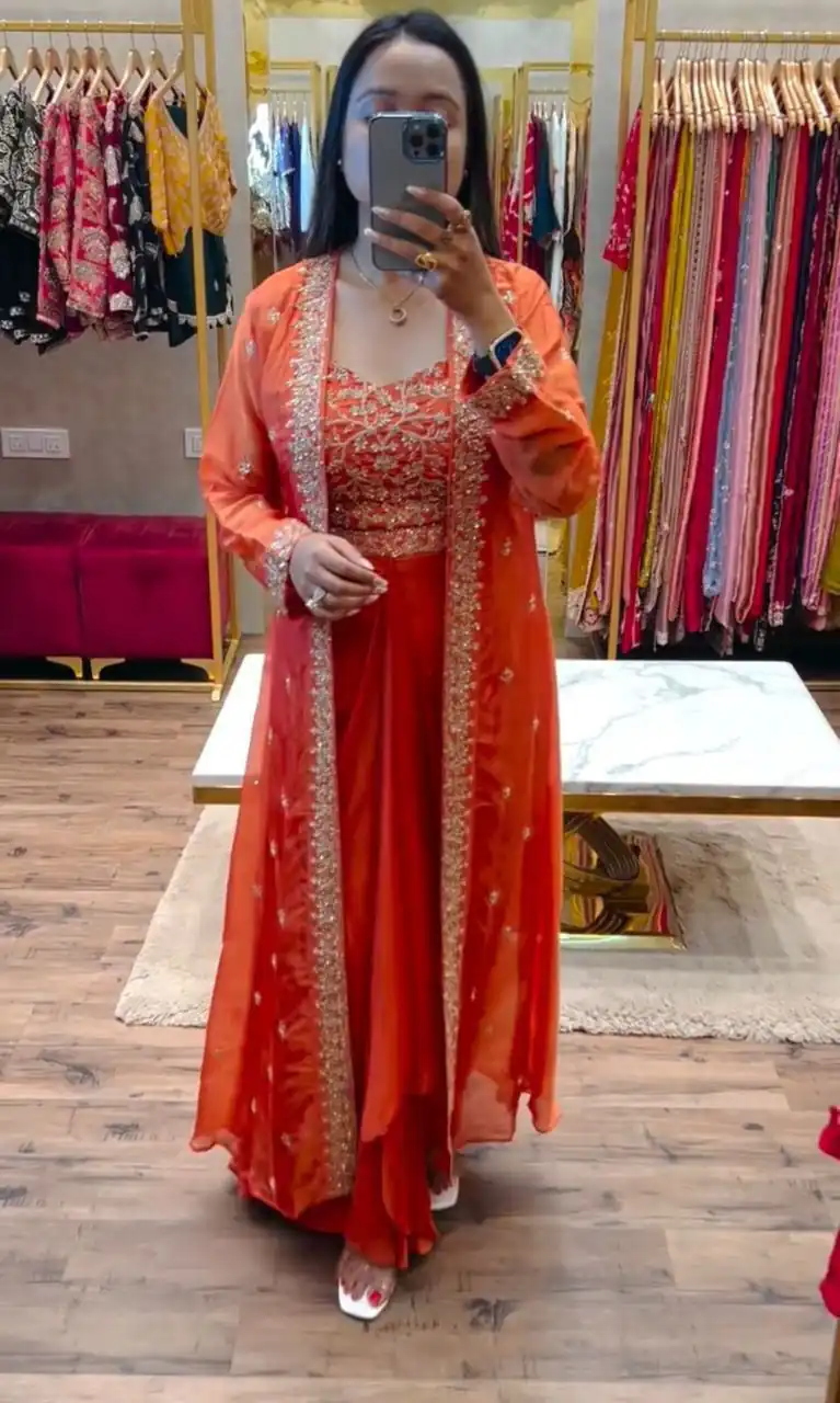 Orange Chinon Silk With Embroidery Work Dhoti Suit | Jump Suits, Salwar suit, Casual Suits, Creative suits, Designer Suits, Palazzo Suits, Party Wear Suits, Patiala Suits, Straight Suits