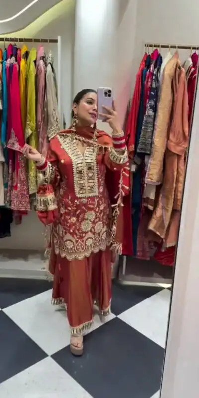 Orange Cosmos Mirror Embroidery Work Salwar Suit | Jump Suits, Salwar suit, Casual Suits, Creative suits, Designer Suits, Palazzo Suits, Party Wear Suits, Patiala Suits, Straight Suits