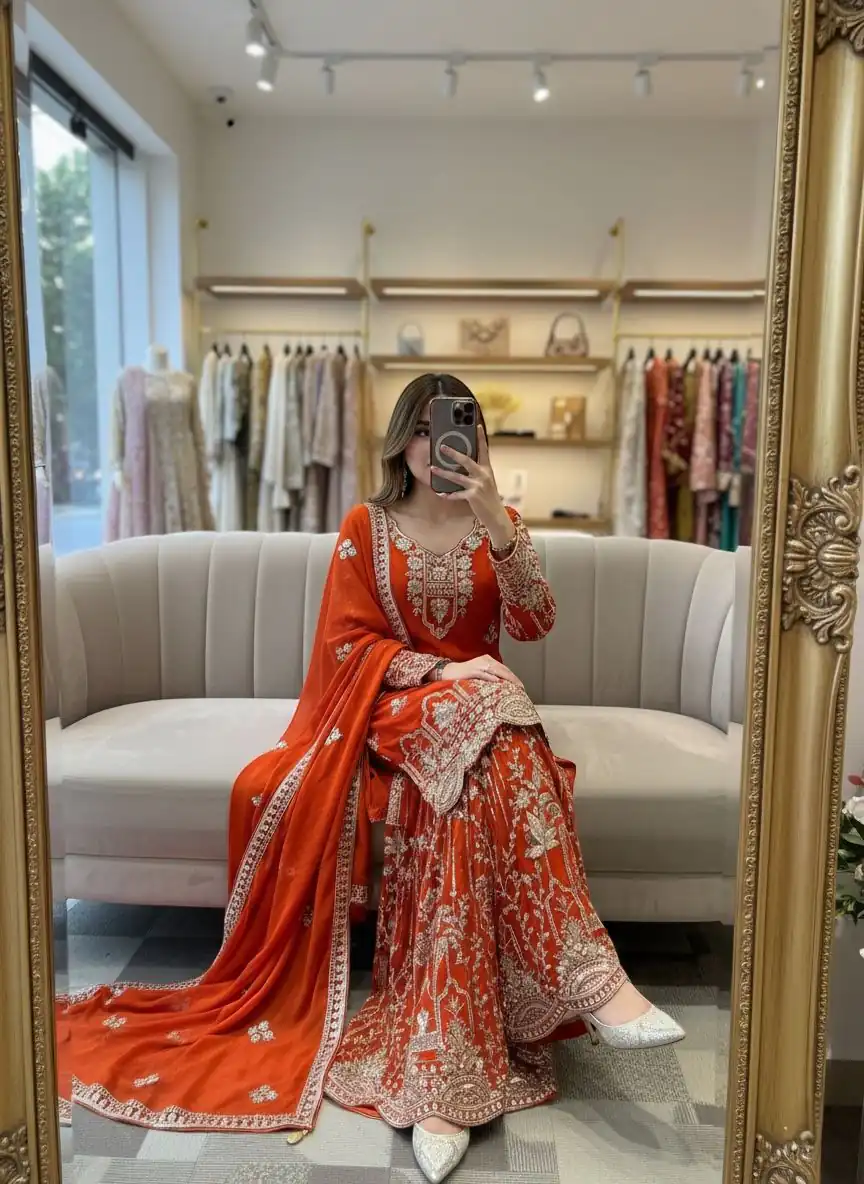 Orange Faux Georgette 5 mm Sequence Work Salwar Suit | Jump Suits, Salwar suit, Casual Suits, Creative suits, Designer Suits, Palazzo Suits, Party Wear Suits, Patiala Suits, Straight Suits