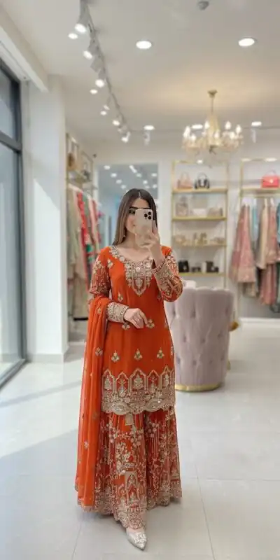 Orange Faux Georgette 5 mm Sequence Work Salwar Suit | Jump Suits, Salwar suit, Casual Suits, Creative suits, Designer Suits, Palazzo Suits, Party Wear Suits, Patiala Suits, Straight Suits